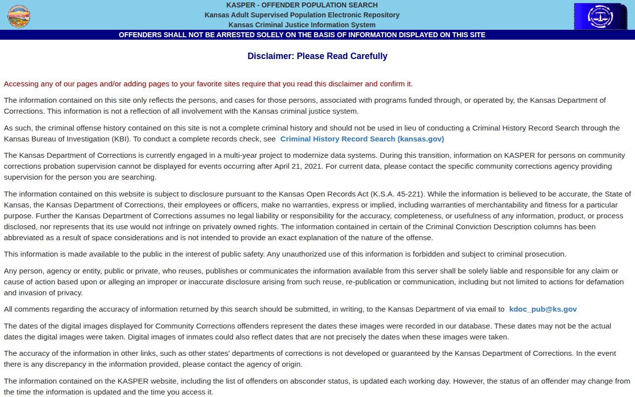 Clark County records path through the KASPER offender search disclaimer